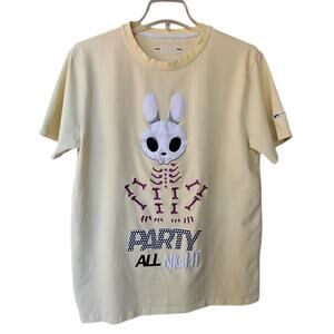 BYKS Party All Night Bunny Skeleton Yellow T Shirt Size M Embroidered Halloween